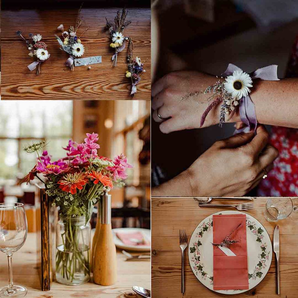 broche, bracelet, centre de table et décoration assiettes en fleurs séchées
